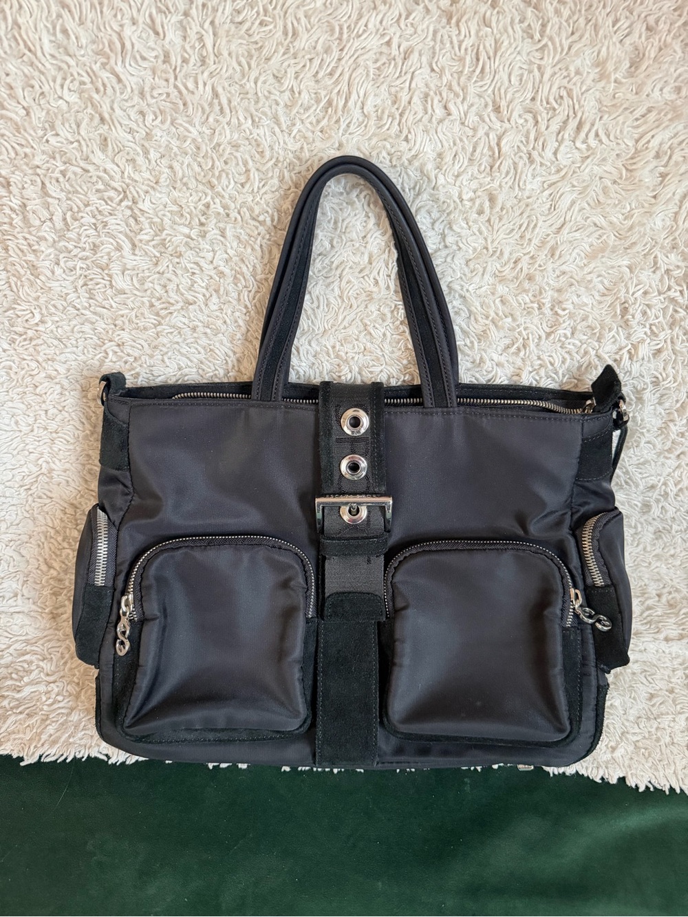 Escada Black Nylon Tote with Dual Front Pockets